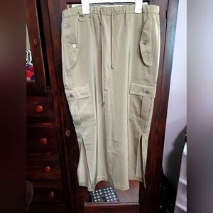 JOIE Midi Cargo Skirt Satin Khaki Size 8 Pockets W Side Slits